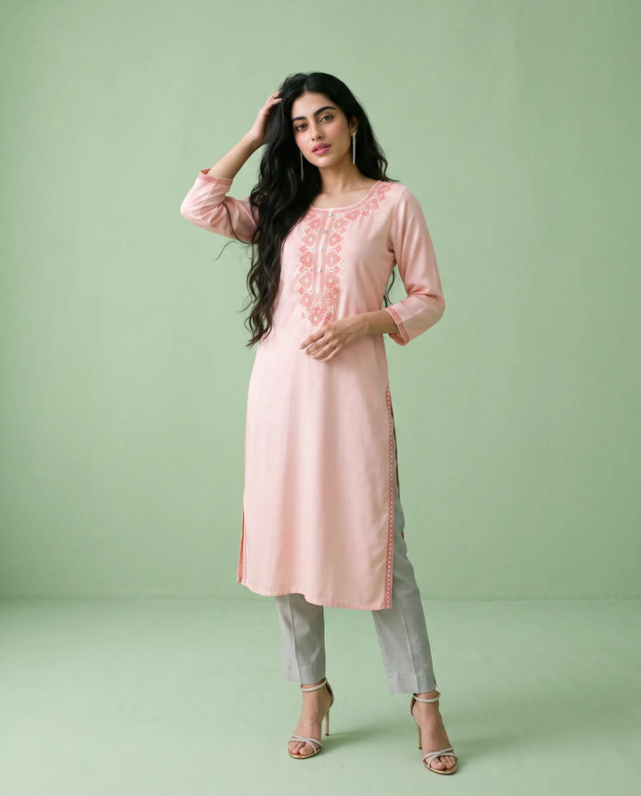 Peach Embroidered Rayon Straight cut Long Kurta