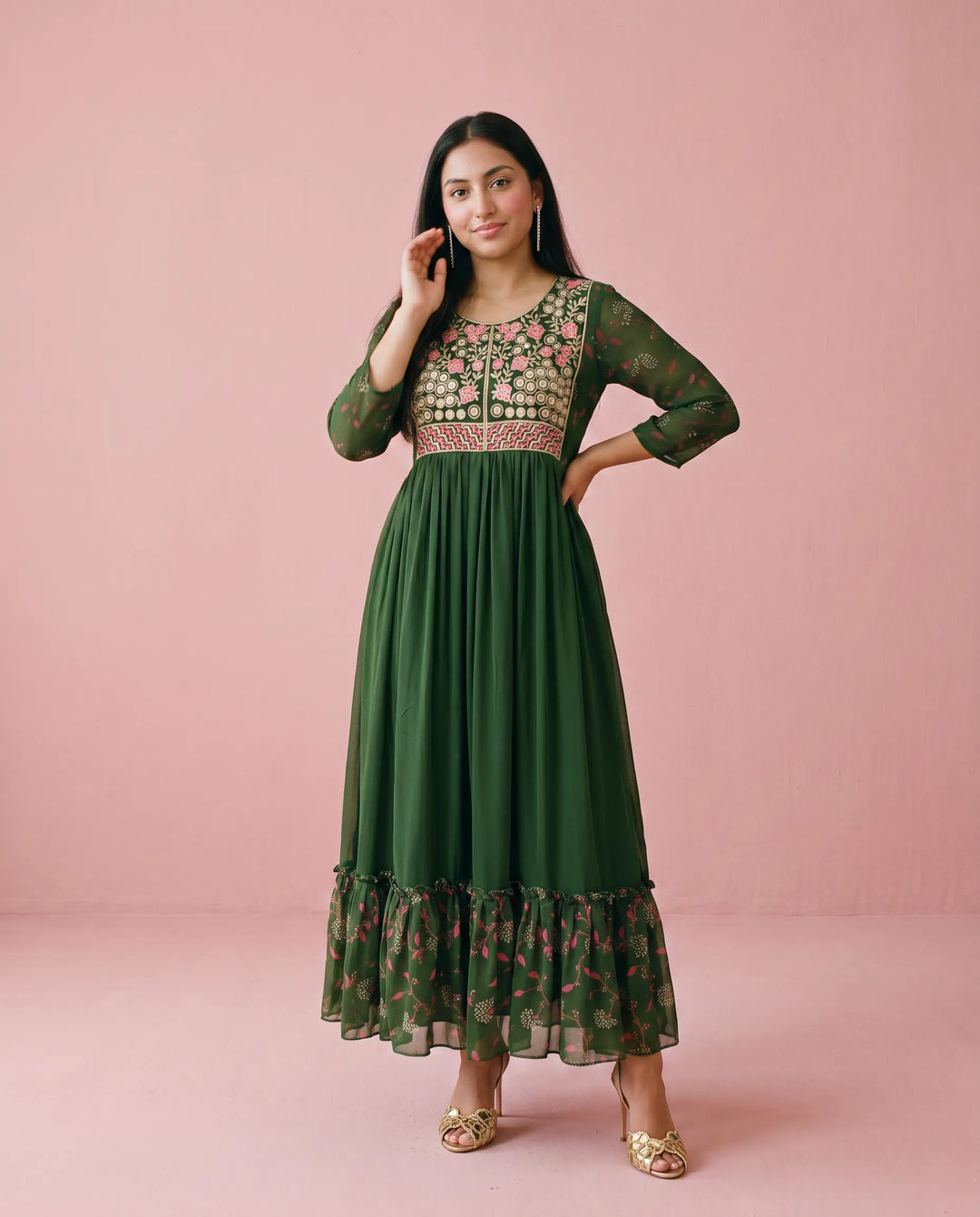 Green Embriodered Georgette Maxi Dress