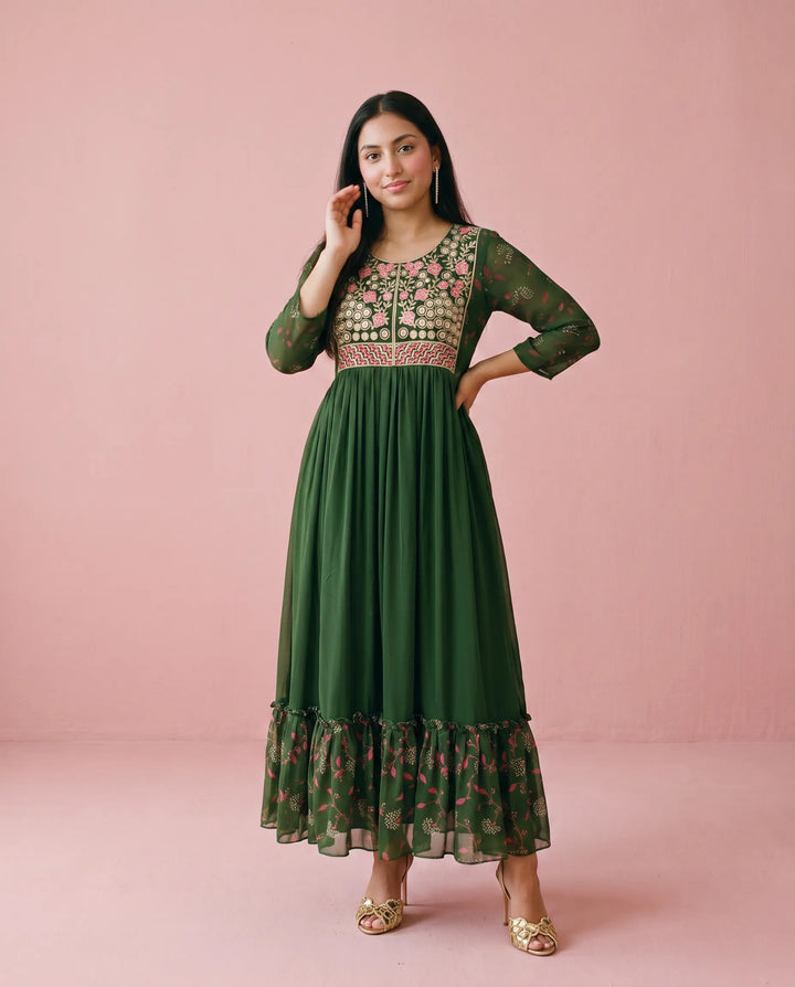 Green Embriodered Georgette Maxi Dress
