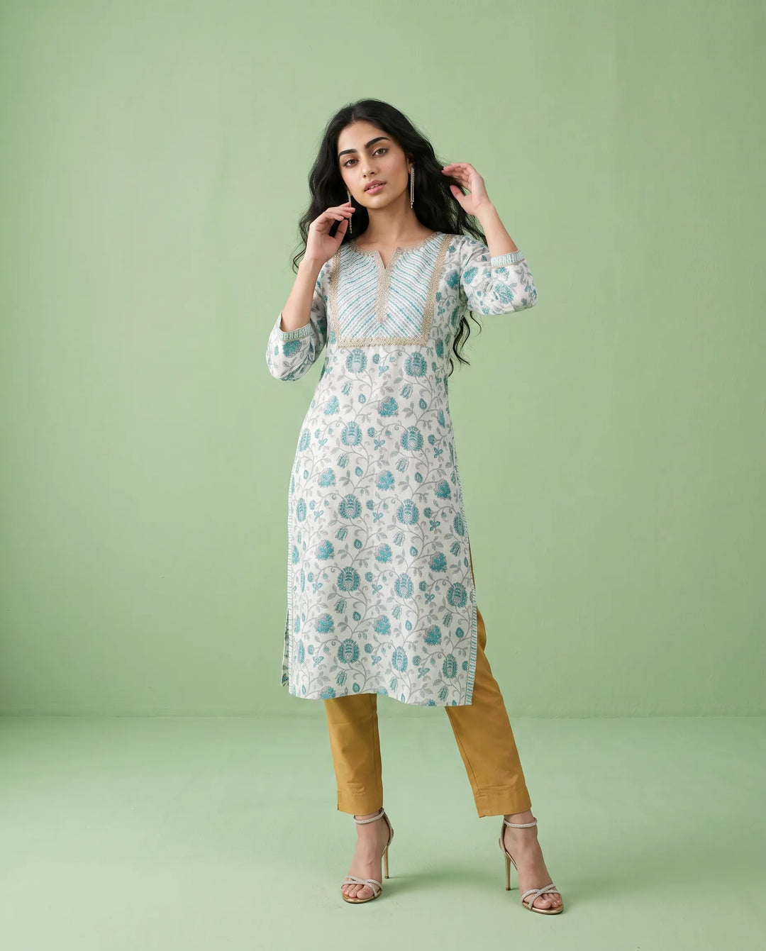 Blue Printed Viscose Blended Straight cut Long Kurta