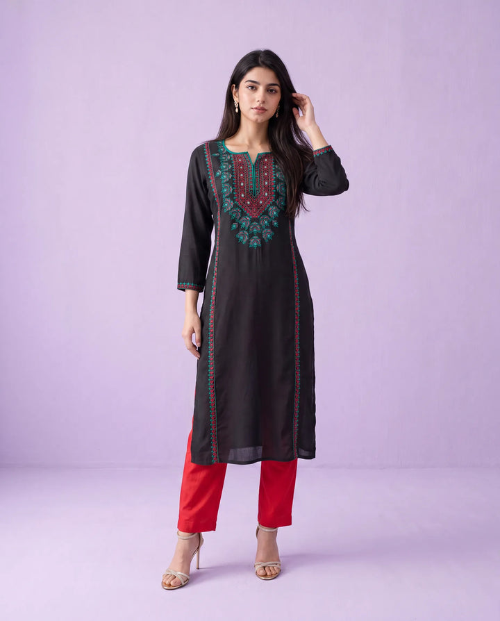 Black Embroidered Cotton Straight cut Long Kurta