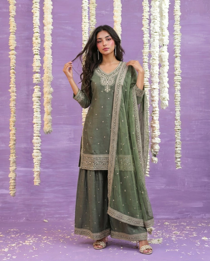 Olive Embriodered Silk Blended Kurta Bottom Dupatta Set