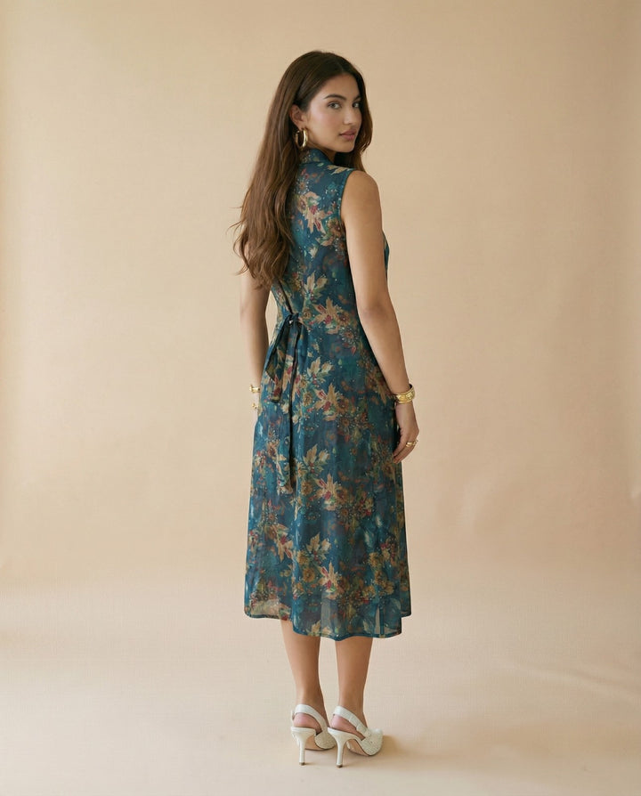 Blue Printed Viscose Blended Midi Dress