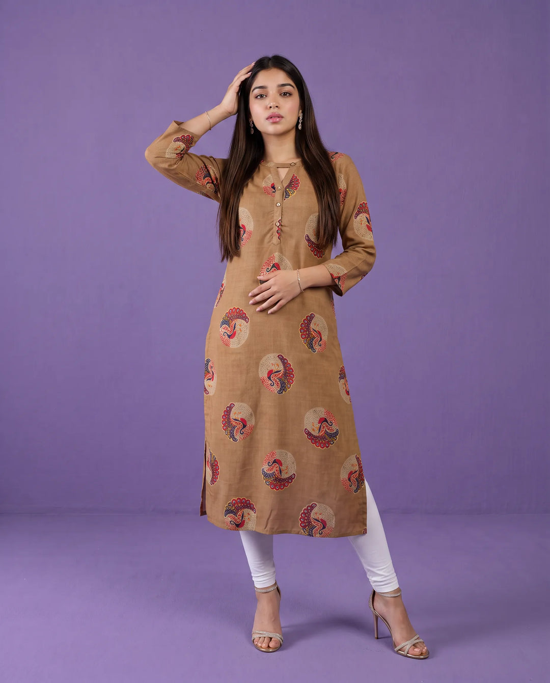 Brown Printed Rayon Straight cut Long Kurta