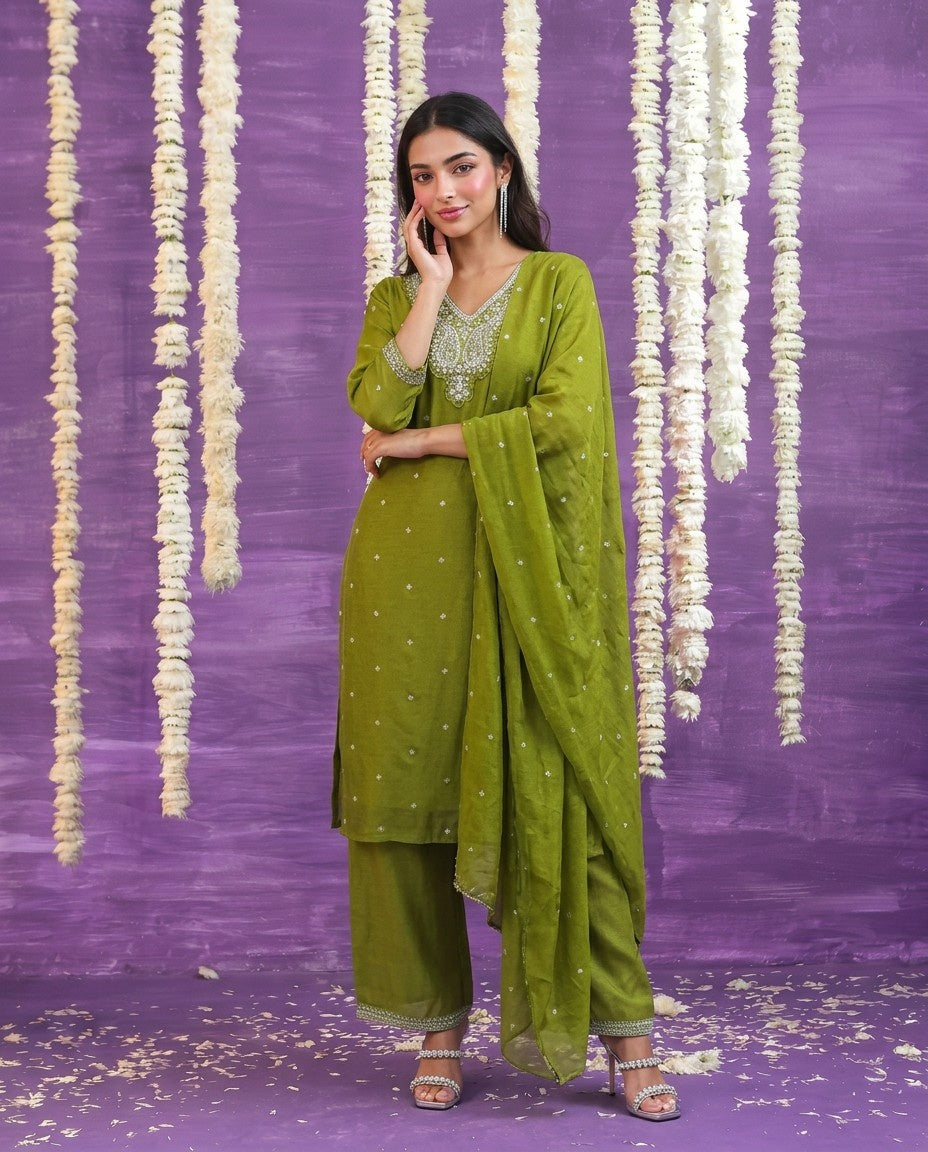 Olive Embriodered Silk Blended Kurta Bottom Dupatta Set