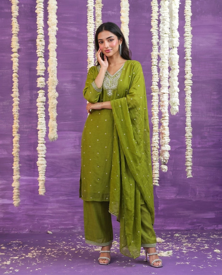 Olive Embriodered Silk Blended Kurta Bottom Dupatta Set