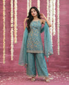 Turquoise Embriodered Silk Blended Spaghetti Strap Kurta Bottom Dupatta Set