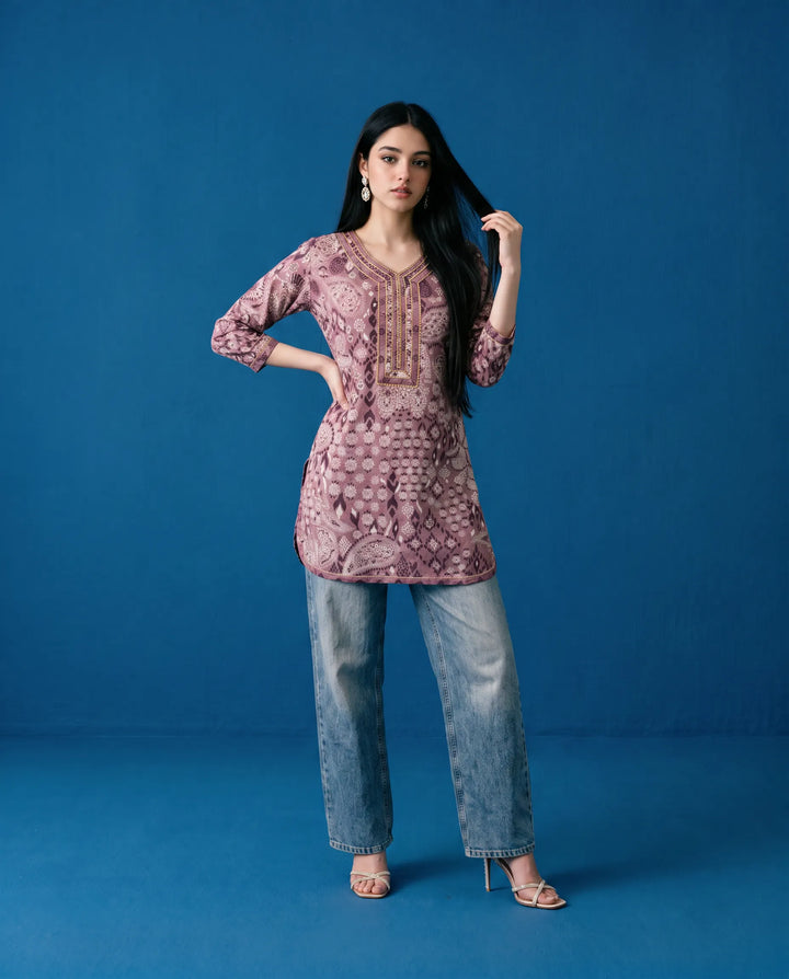 Purple Printed Cotton Short Kurti