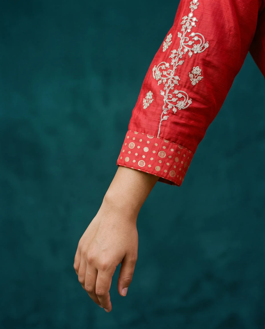 Red Embriodered Silk Blended Maxi Dress