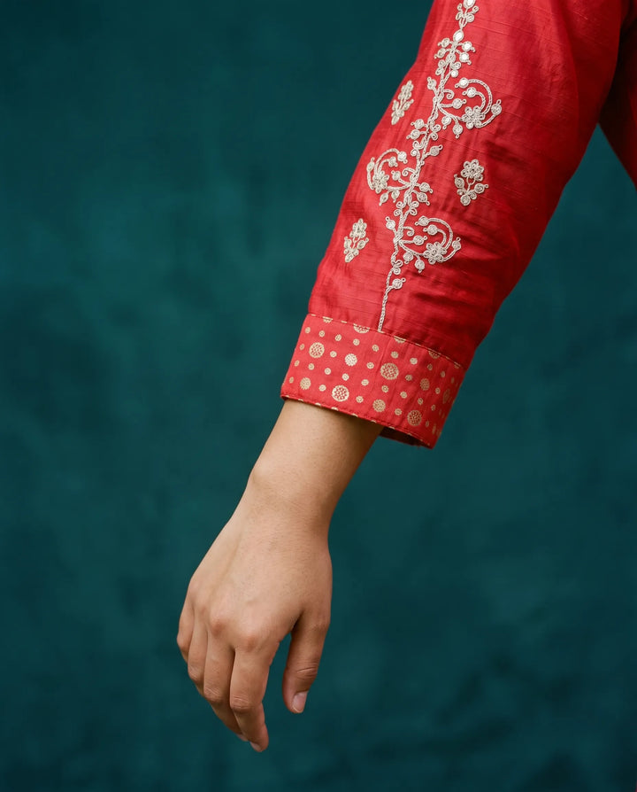 Red Embriodered Silk Blended Maxi Dress
