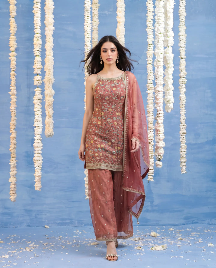 Pink Embroidered Silk Blended Spaghetti Strap Kurta Bottom Dupatta Set