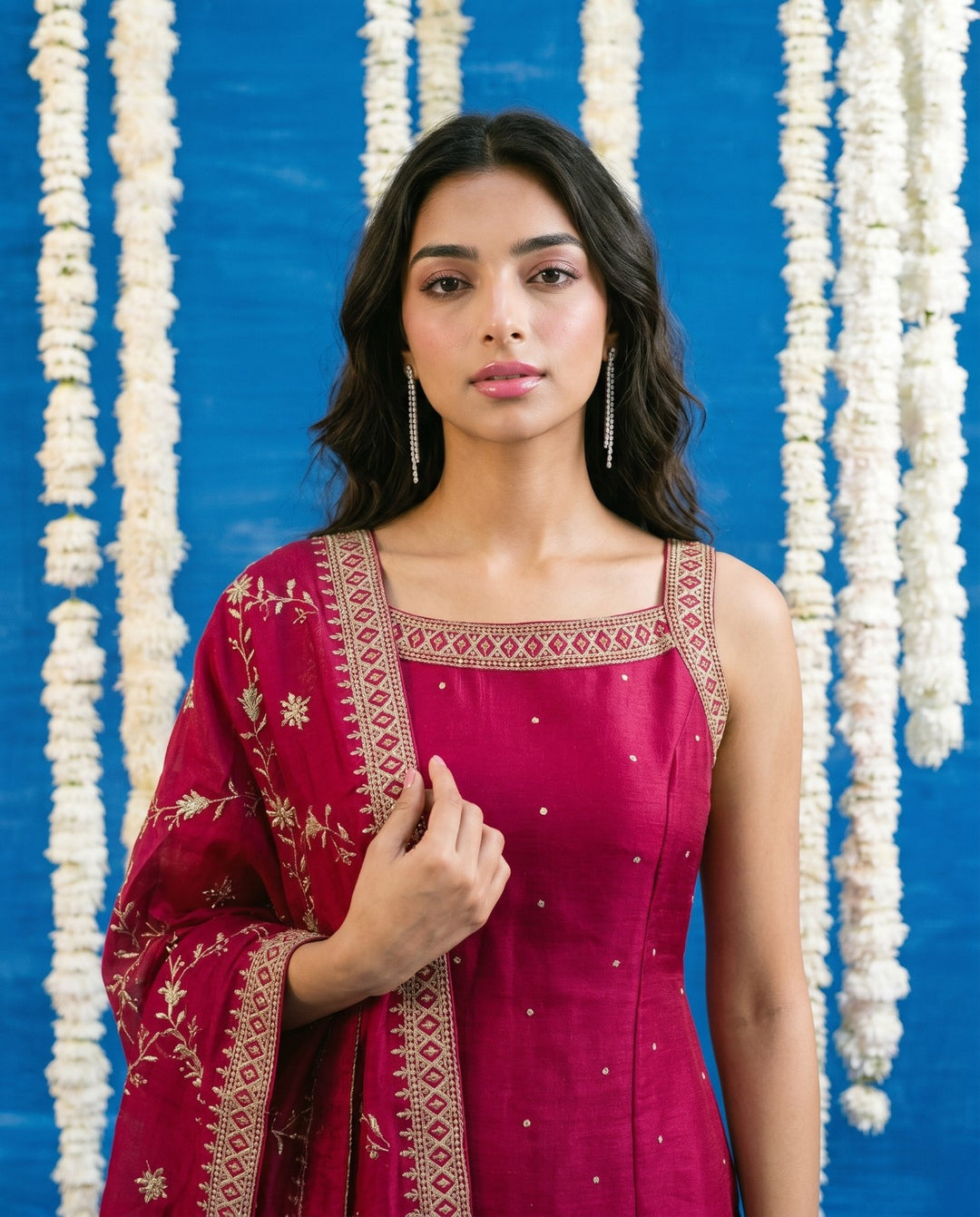Magenta Embriodered Silk Blended Sleeveless Kurta Bottom Dupatta Set