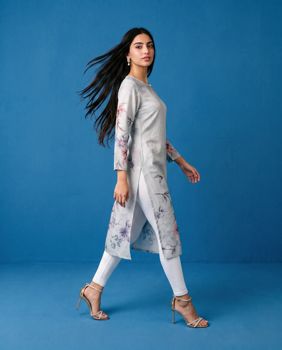 Grey Printed Crepe Silk Straight cut Long Kurta