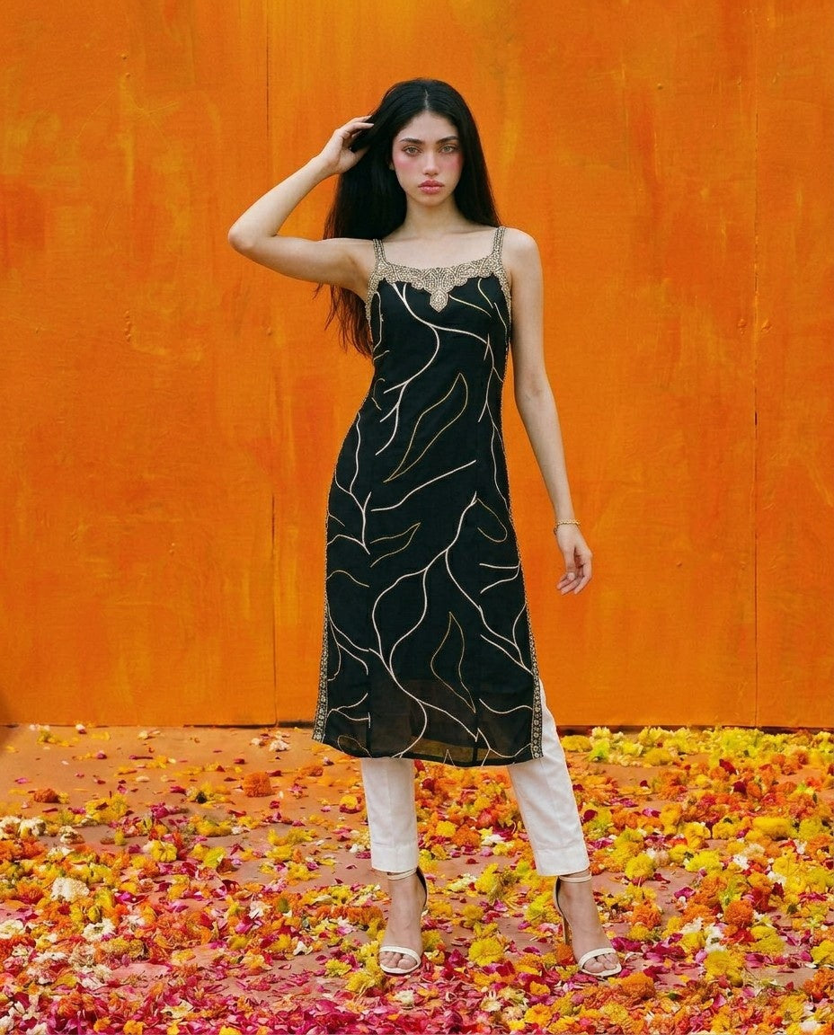 Black Embroidered Viscose Blended Spaghetti Strap Straight Cut Long Kurta