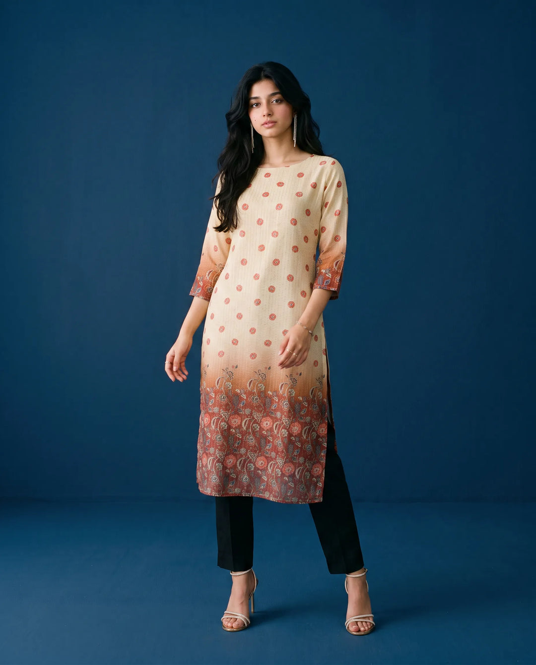 Beige Printed Viscose Blended Straight Cut Long Kurta