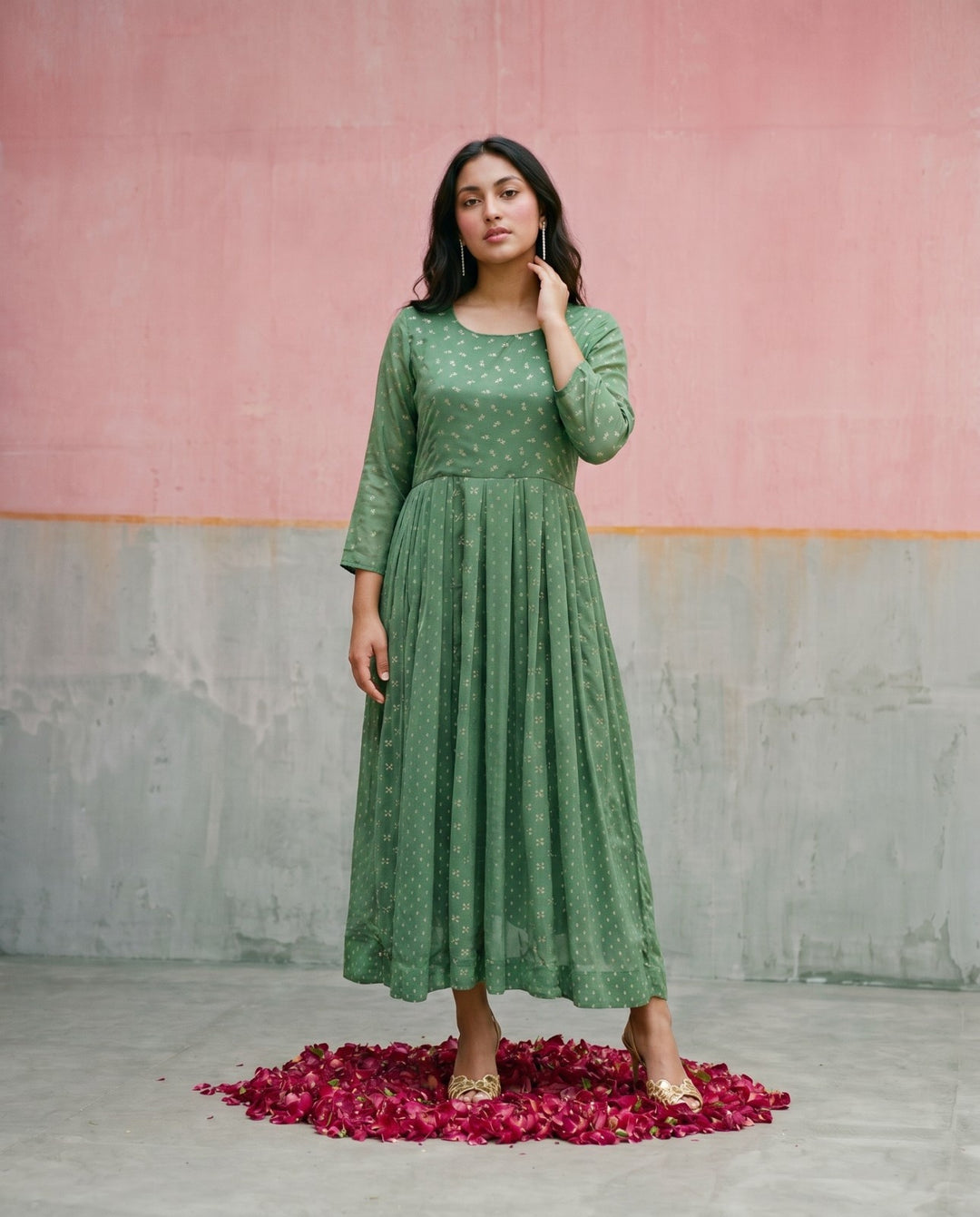 Green Printed Georgette Maxi Dress