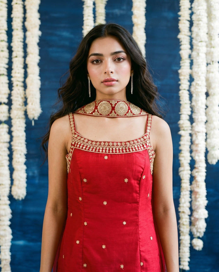 Red Embriodered Silk Blended Spaghetti Strap Kurta Bottom Dupatta Set