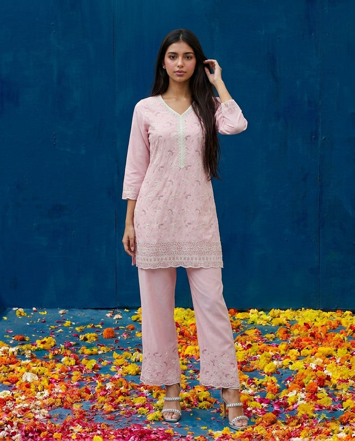 Pink Embriodered Cotton Satin Co-Ord Set