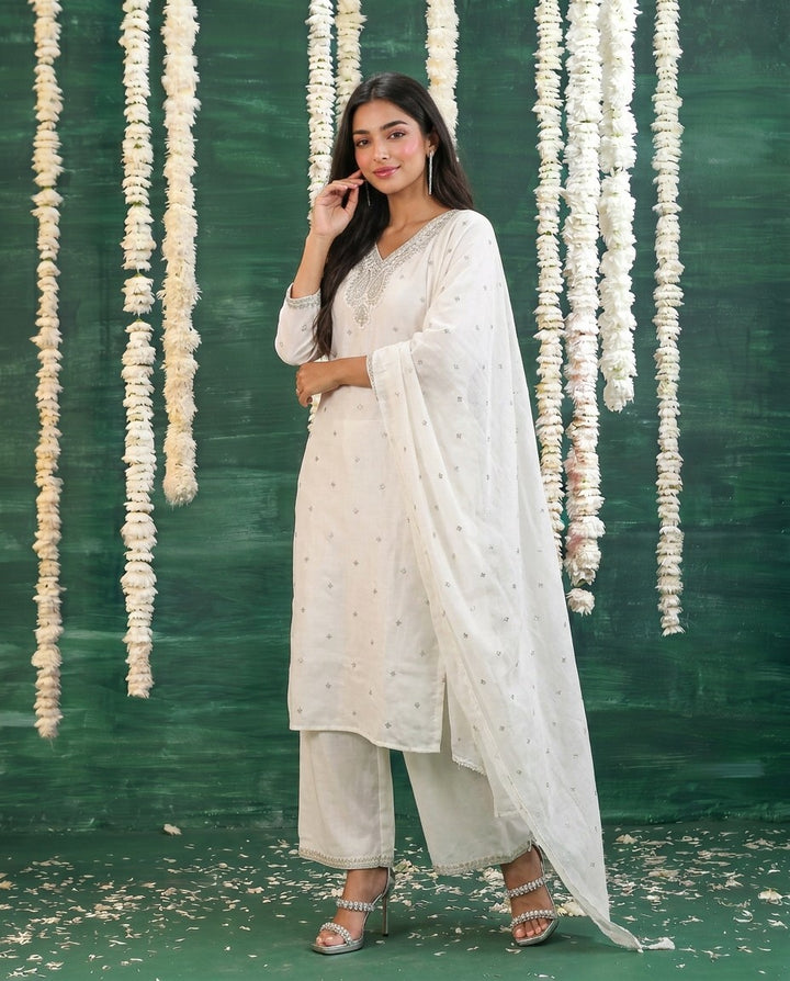 White Embriodered Silk Blended Kurta Bottom Dupatta Set