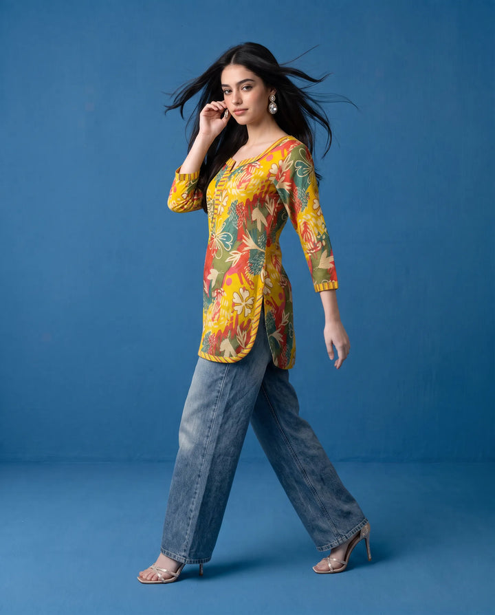 Yellow Printed Viscose Blended Short Kurti