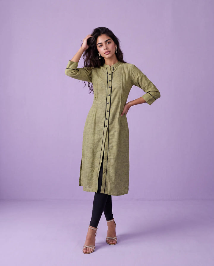 Olive Solid Rayon Blended Straight cut Long Kurta