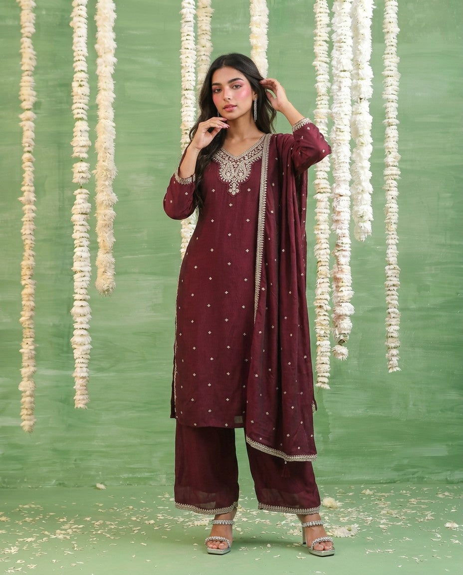 Wine Embriodered Silk Blended Kurta Bottom Dupatta Set
