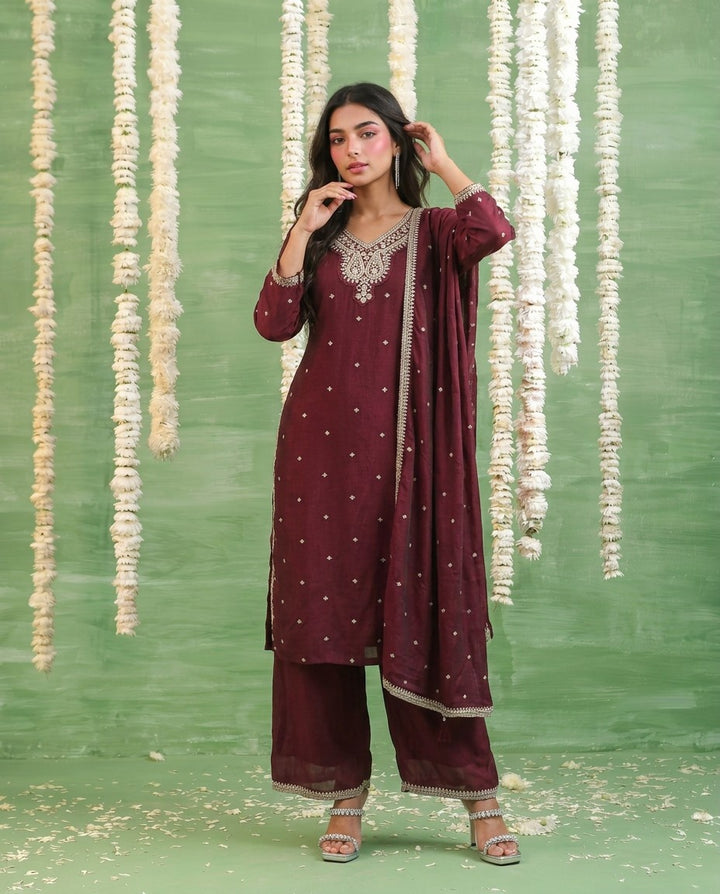 Wine Embriodered Silk Blended Kurta Bottom Dupatta Set