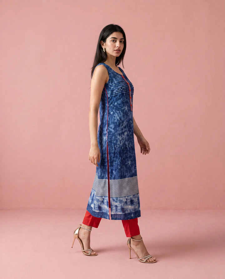 Navy Printed Viscose Blended Straight cut Long Kurta