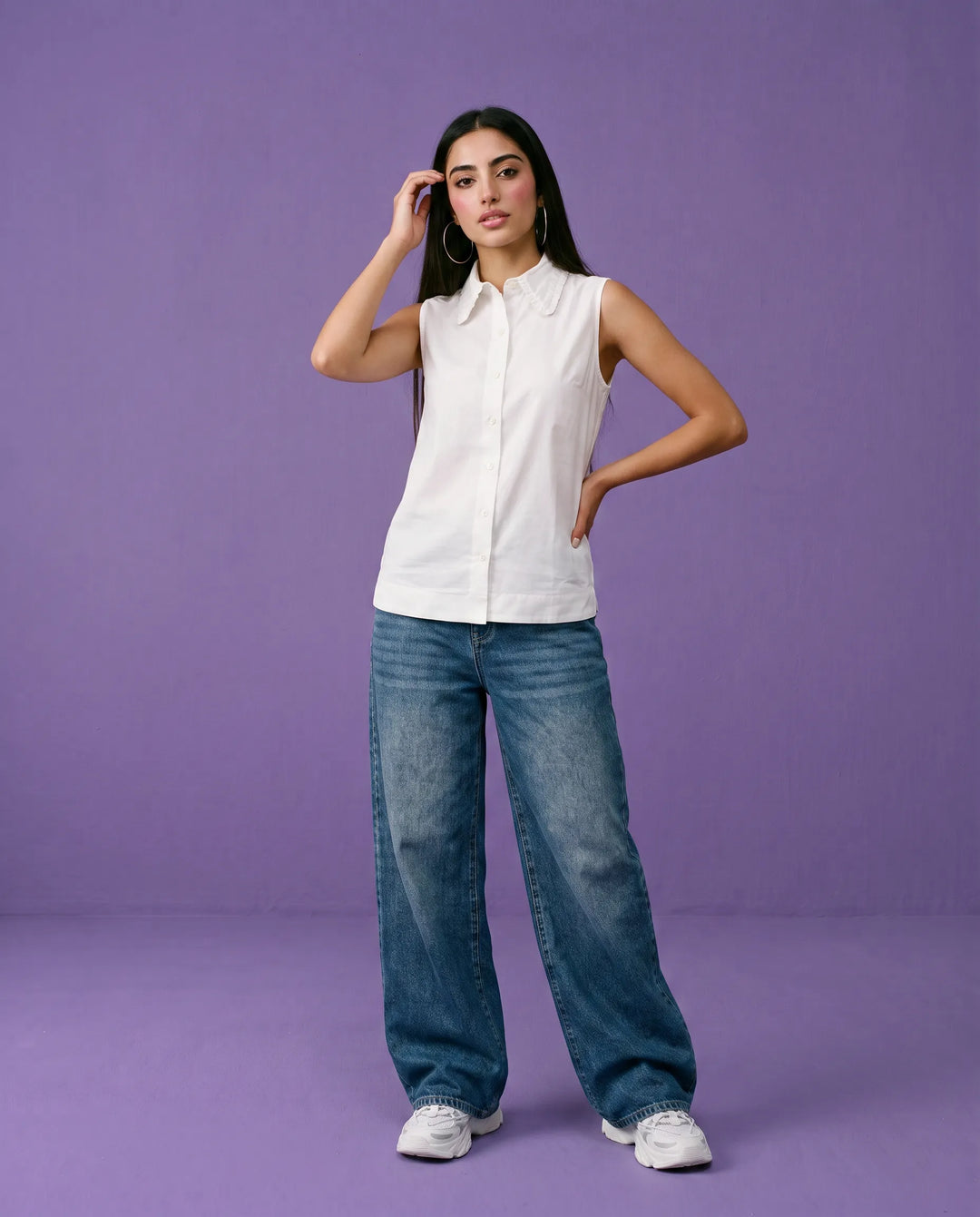 White Solid Cotton Satin Sleeveless Top