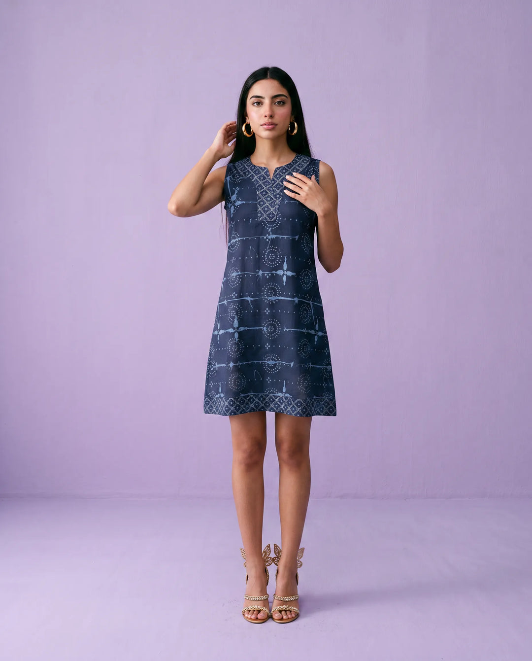 Navy Printed Cotton Midi Dress