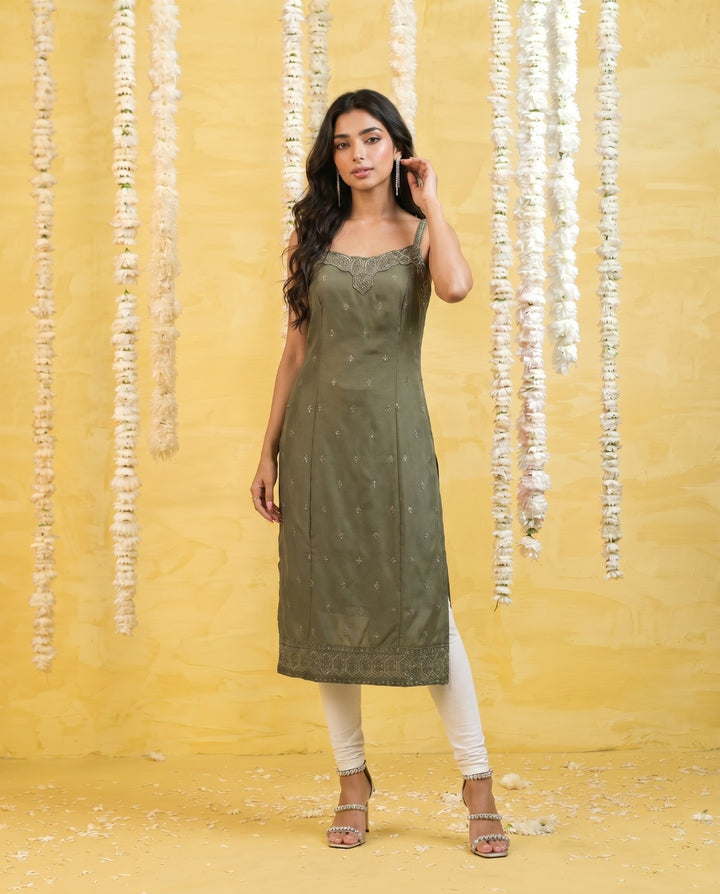 Olive Embroidered Viscose Blended Spaghetti Strap Straight Cut Long Kurta
