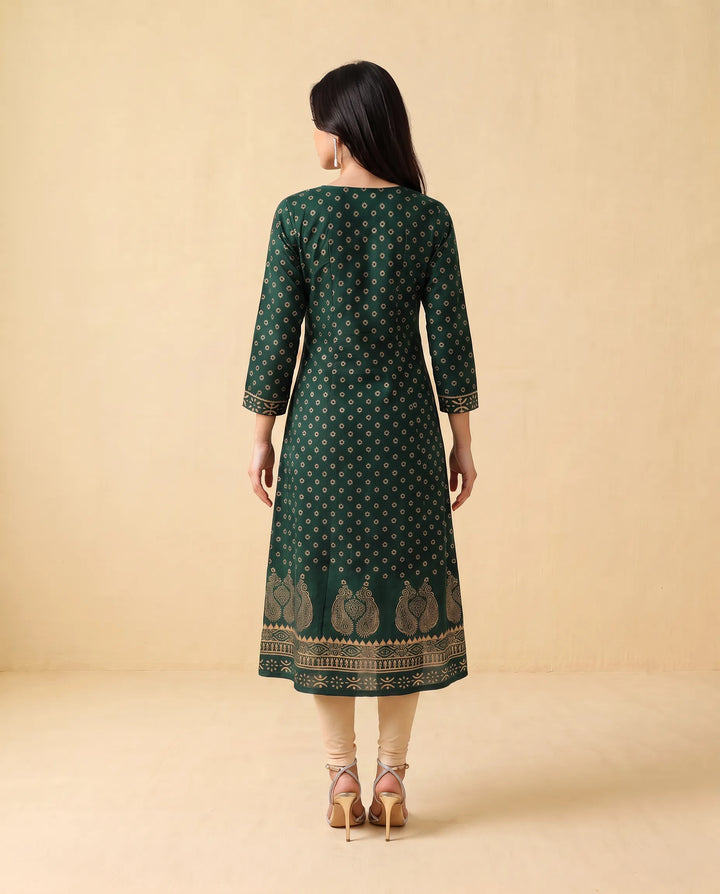 Green Printed Cotton Long Kurta