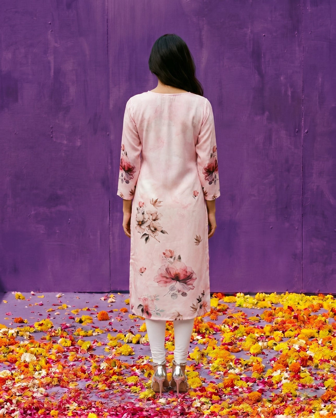 Pink Printed Crepe Silk Straight cut Long Kurta