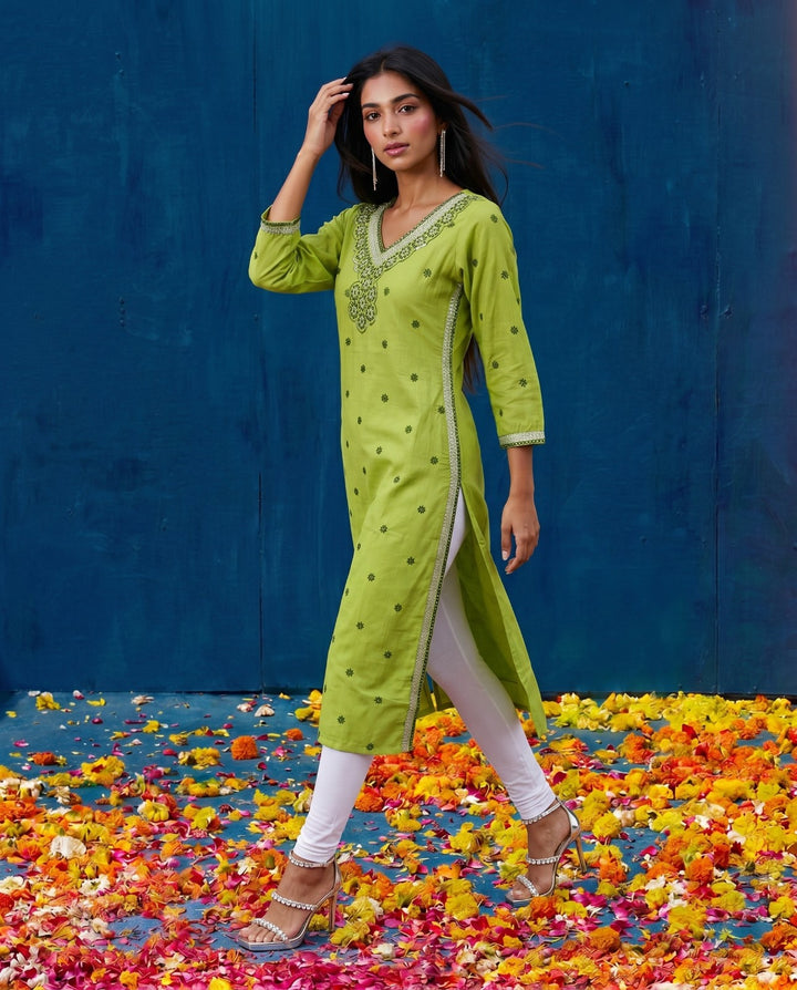 Green Embroidered Viscose Blended Straight cut Long Kurta