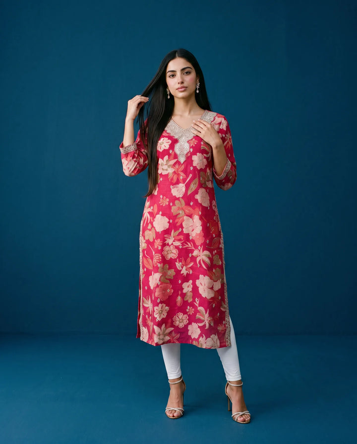 Magenta Embroidered Viscose Blended 3/4 Sleeves Straight Cut Long Kurta