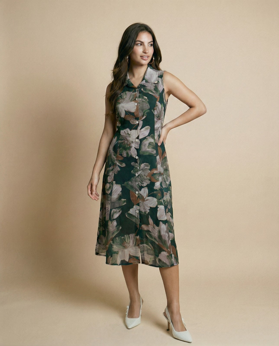 Dark Green Printed Viscose Blended Midi Dress