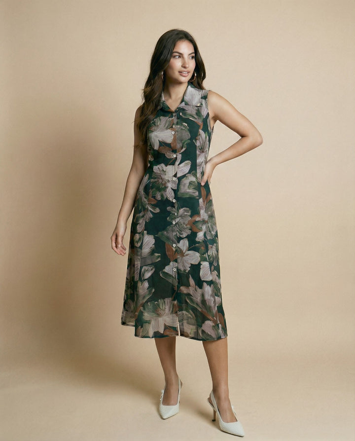 Dark Green Printed Viscose Blended Midi Dress