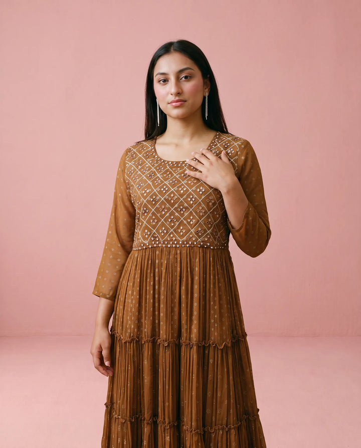Brown Embriodered Georgette Maxi Dress