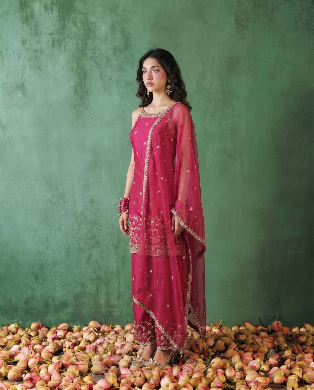 Magenta Embriodered Silk Blended Spaghetti Strap Kurta Bottom Dupatta Set