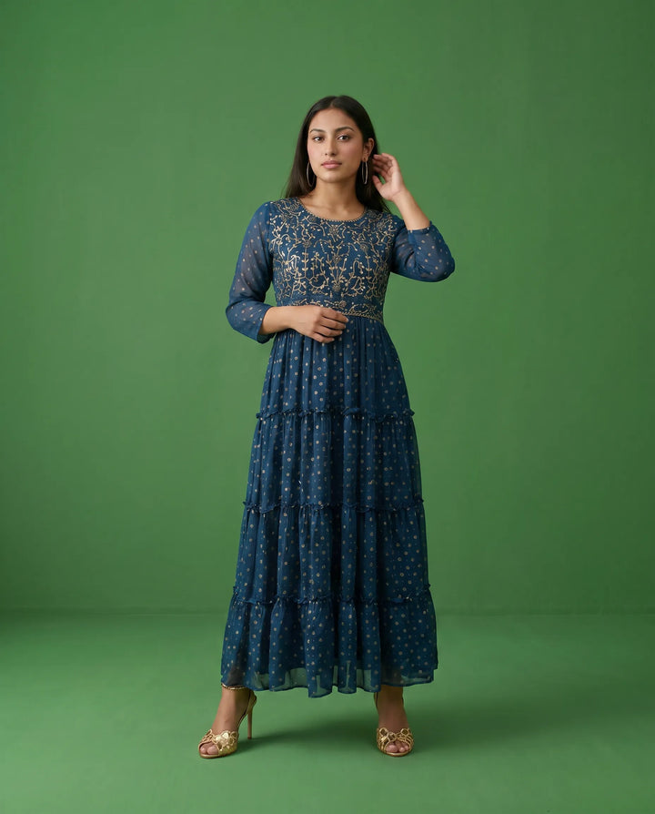 Navy Embriodered Georgette Maxi Dress