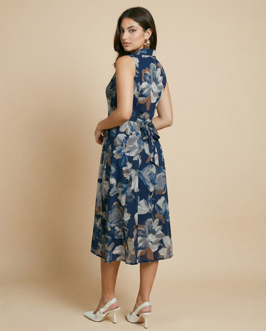 Navy Printed Viscose Blended Midi Dress