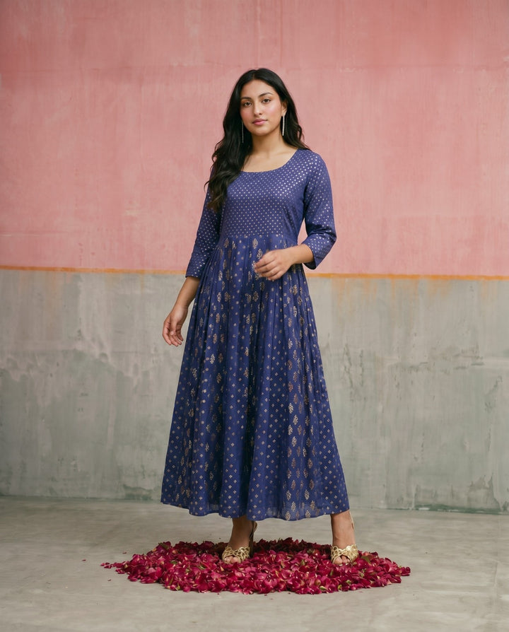 Navy Printed Mal Cotton Foil Printed Maxi Dress