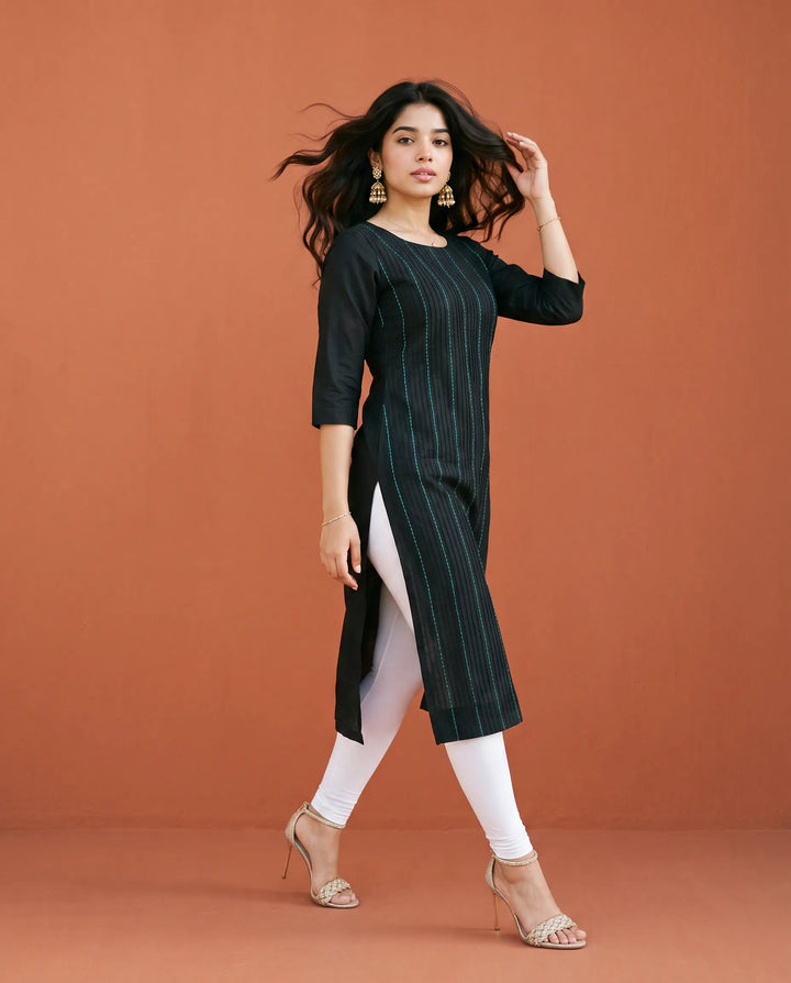 Black Embroidered Cotton Straight cut Long Kurta