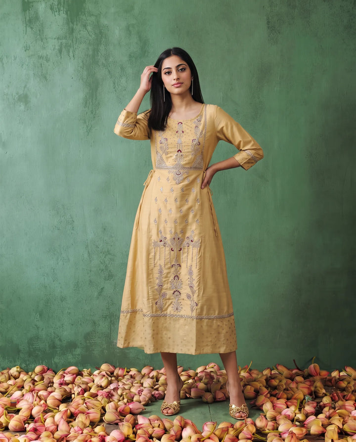 Yellow Embriodered Silk Blended Maxi Dress