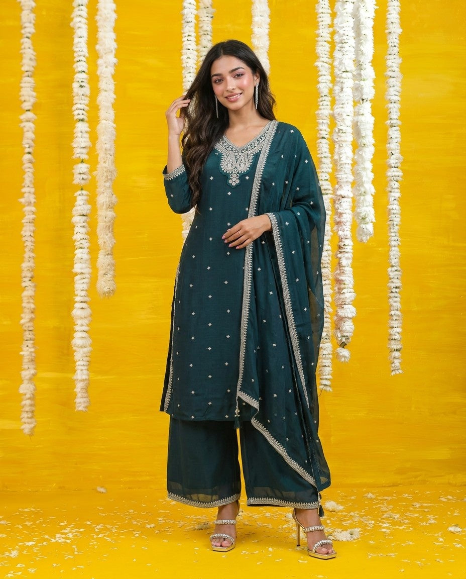 Bottle Green Embriodered Silk Blended Kurta Bottom Dupatta Set
