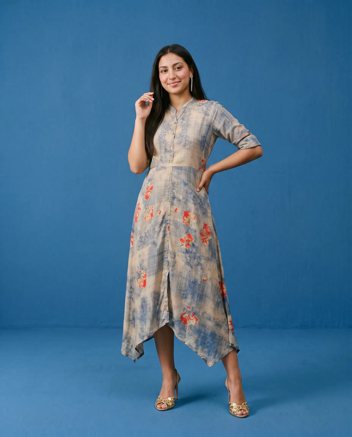 Grey Printed Rayon Maxi Dress