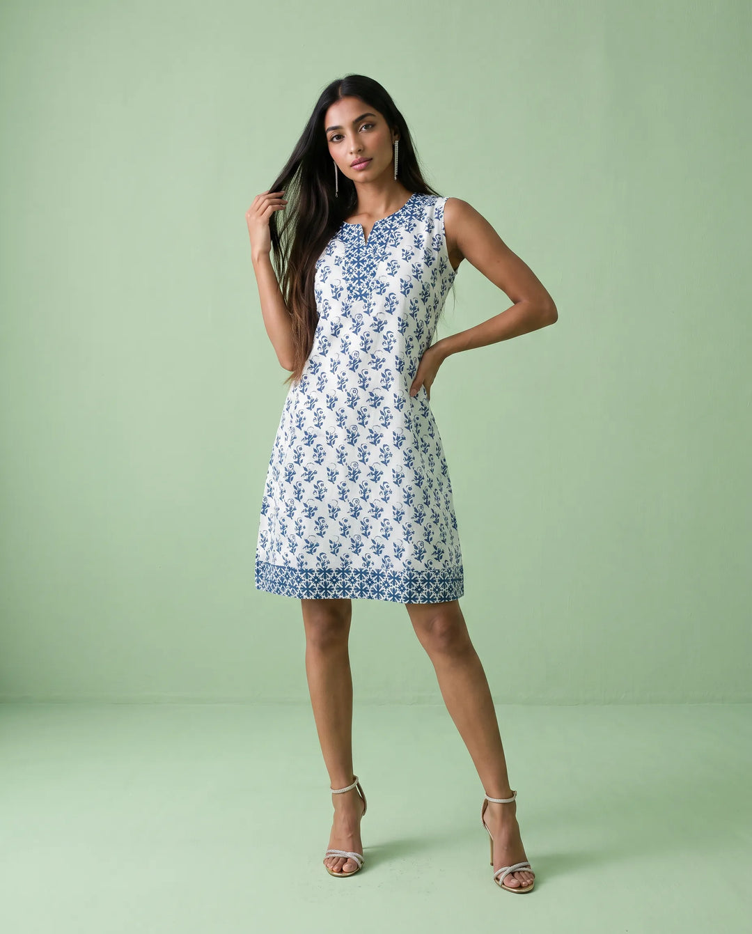 Blue Printed Pure Cotton Hand-Block Printed Midi Dress