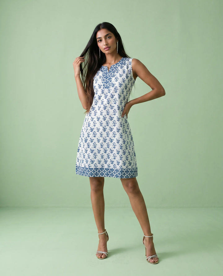 Blue Printed Pure Cotton Hand-Block Printed Midi Dress