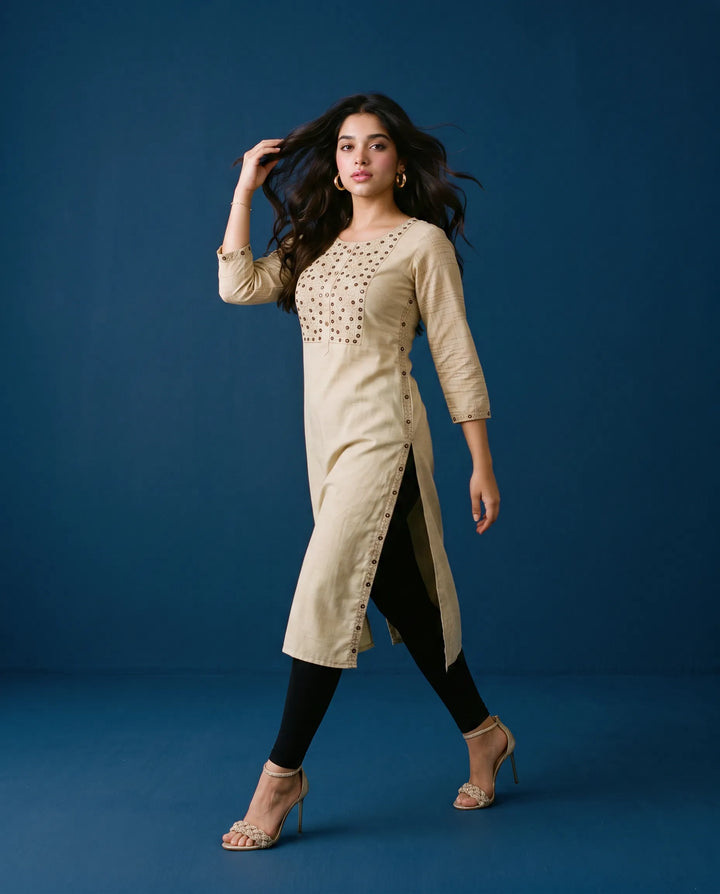 Beige Embroidered Cotton Straight cut Long Kurta