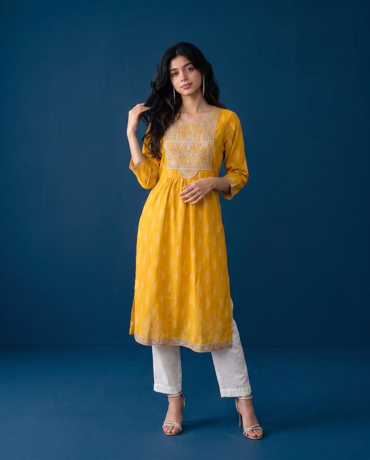 Yellow Embroidered Cotton Straight cut Long Kurta